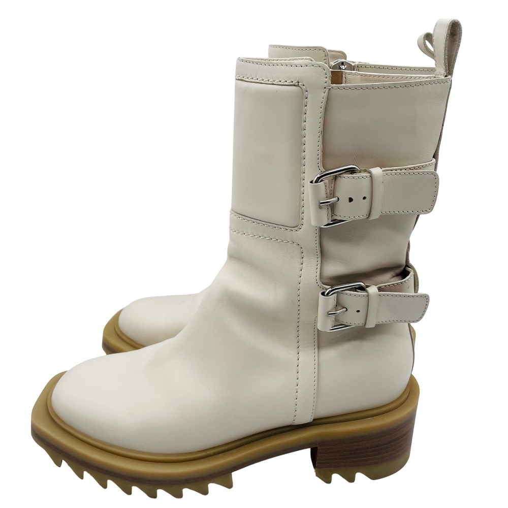 Tamara Mellon Perfecto Italian Leather Buckle Moto Boots Chunky‎ Cream 36.5/6.5